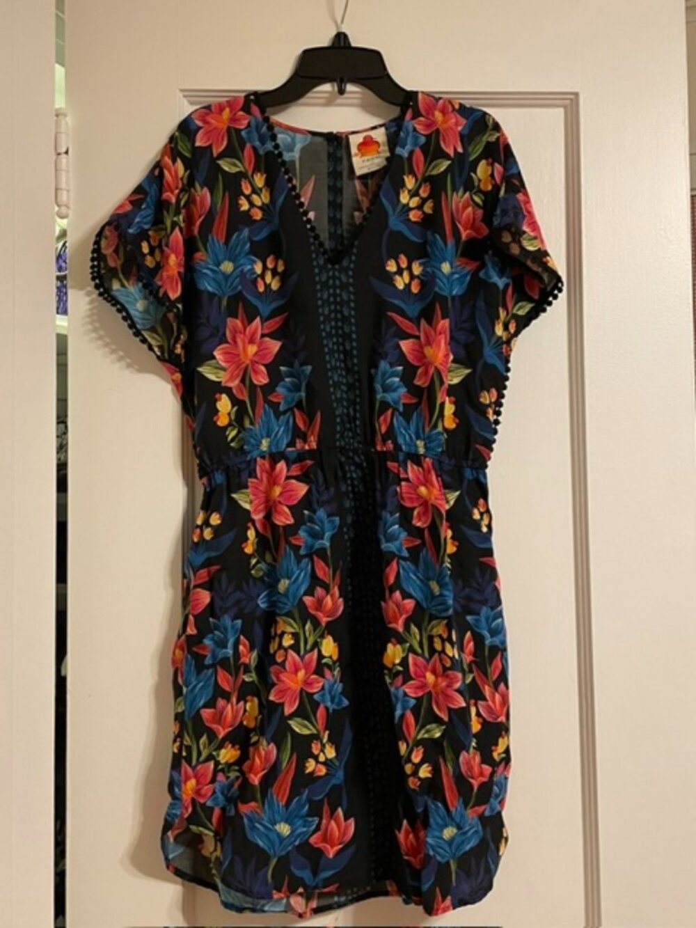 FARM RIO Anthropologie Pom Pom Trim Black Tropical Floral Dress S Small - Picture 2 of 6